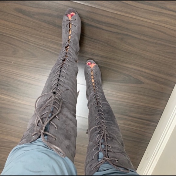 GRAY FAUX SUEDE LACE UP OVER THE KNEE BOOTS - Picture 4 of 9